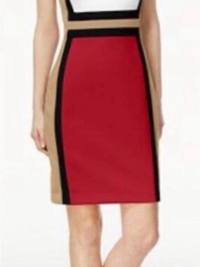 Calvin Klein Red Colorblock Pencil Skirt with Tan & Black Trim